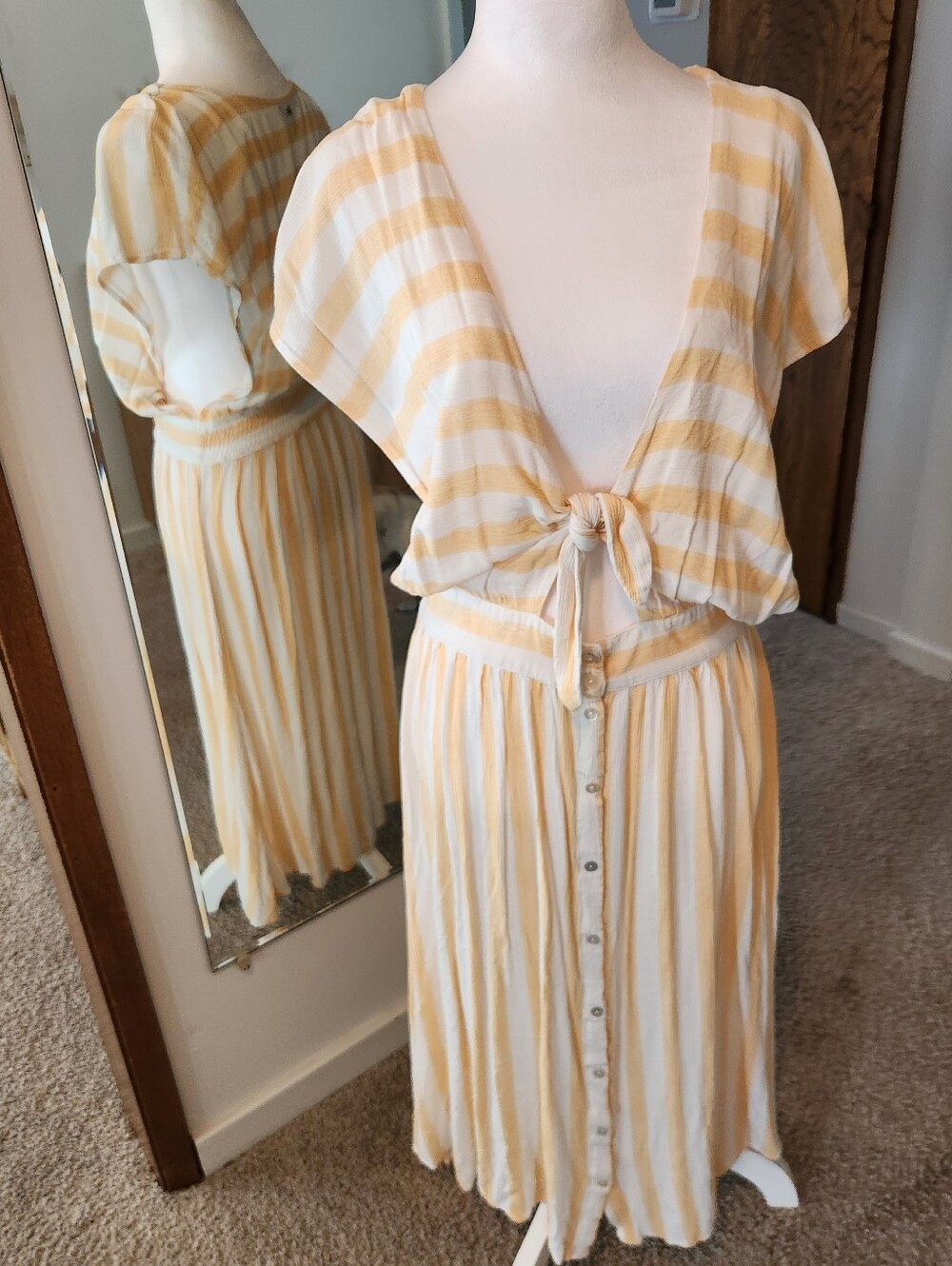 (2 For $30) Rusty R Striped Yellow And White Knot Button Down Dress